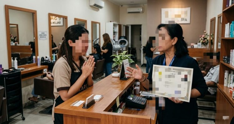 Foto ilustrasi menggambarkan seorang perempuan mantan pekerja salon di Tanjungpinang yang memohon pengembalian ijazah kepada oknum pemilik salon tempat ia pernah bekerja. Kasus dugaan penahanan ijazah tersebut kini menjadi sorotan dan dilaporkan kepada pihak kepolisian. (F/Potensi.News)