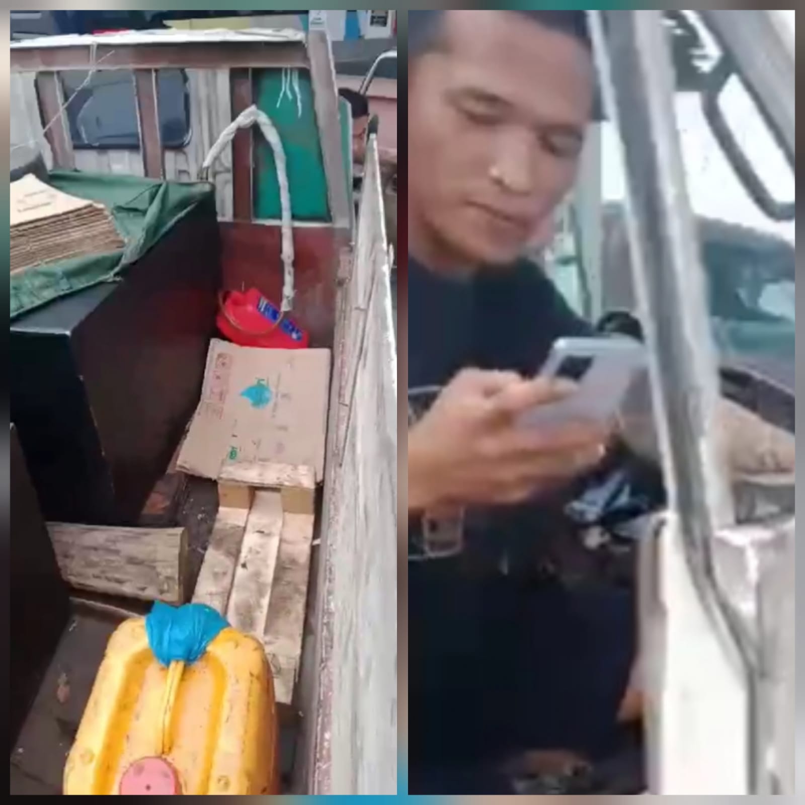 Jerigen-jerigen kapasitas liter besar lengkap beserta tangki-tangki kapasitas liter besar didalam bak lori dan supir lorinya. (F/Potensi.news)