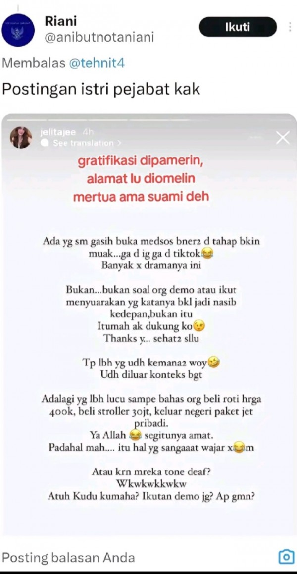 Pernyataan istri pejabat yang akui kerap mendapat fasilitas dari pengusaha saat pergi keluar negeri. (Foto Tiktok/istimewa)