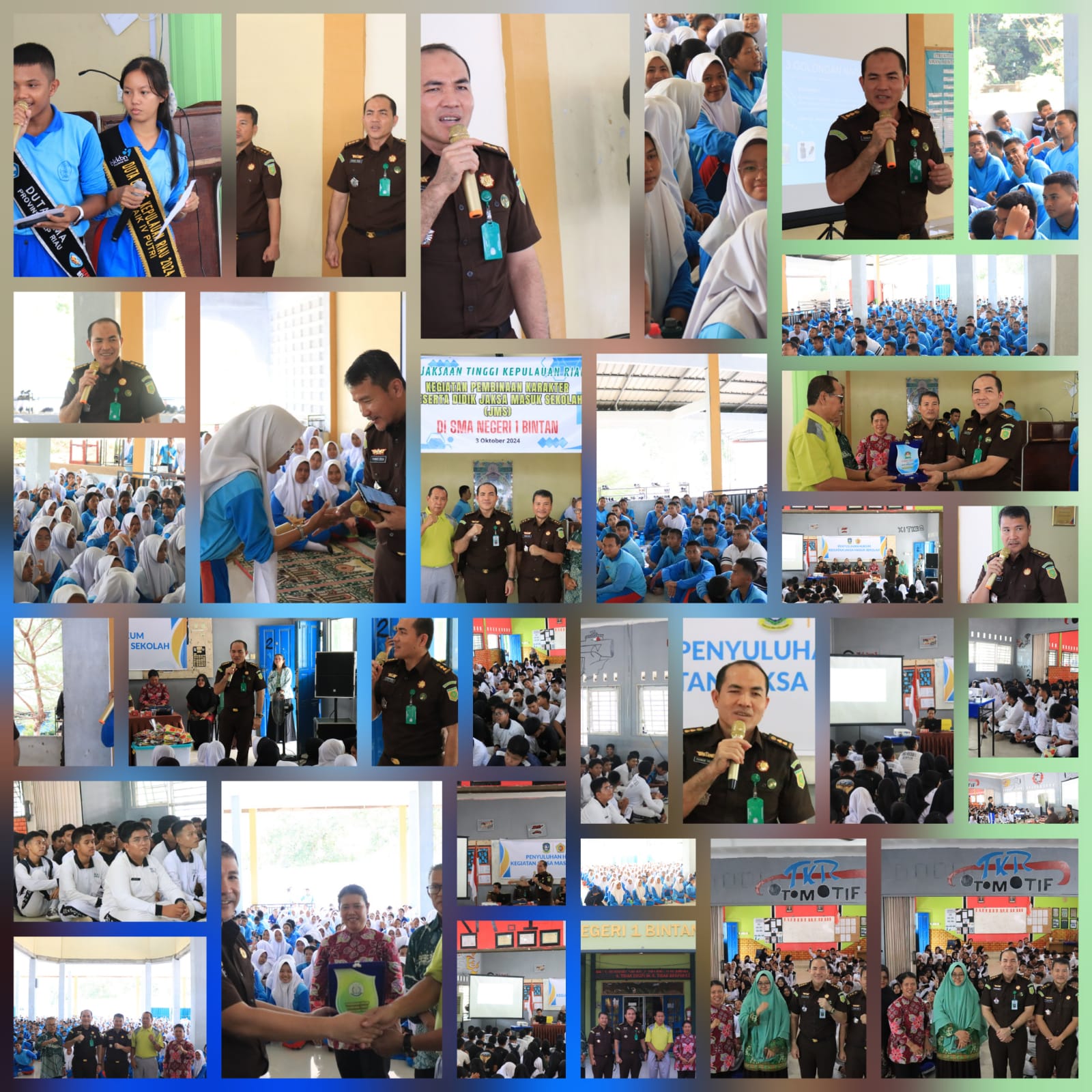 Dalam rangka pembentukan Revolusi Mental Karakter Anak Bangsa di Bidang Pendidikan untuk mewujudkan peningkatan kesadaran hukum dalam masyarakat khususnya di bidang Pendidikan, Kejaksaan Tinggi Kepulauan Riau melalui Program Pembinaan Masyarakat Taat Hukum (BINMATKUM) pada kegiatan Penyuluhan Hukum Jaksa Masuk Sekolah (JMS) menyelenggarakan kegiatan Program Jaksa Masuk Sekolah di SMA Negeri 1 Bintan Utara dan SMK Negeri 1 Bintan Utara dengan mengangkat tema “Pencegahan Penyalahgunaan dan Peredaran Narkotika serta Perundungan (Bullying)”, dimana Tim JMS terdiri dari Kasi Penerangan Hukum Yusnar Yusuf, S.H., M.H., Kasi Sosial, Budaya dan Kemasyarakatan Yunius Zega, S.H., M.H dan Anggota Tim lainnya, (f/Potensi.news).