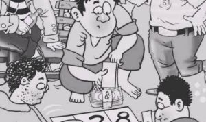 Foto Ilustrasi sejumlah pria tengah bermain judi dadu di atas papan angka, dengan uang taruhan terlihat di tengah permainan sementara beberapa pemain tampak memegang kartu dan minuman, (F/ist).