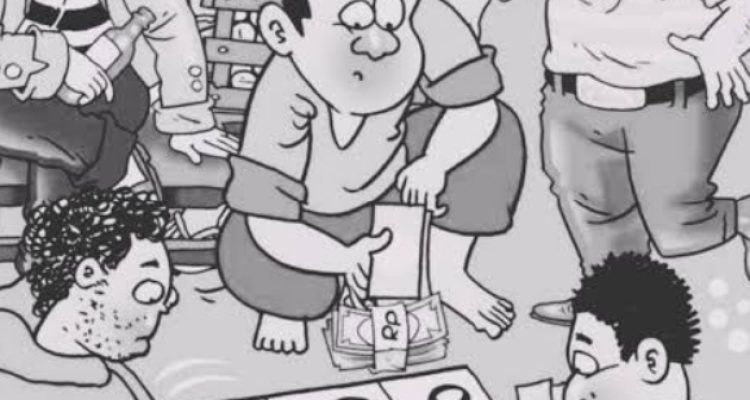 Foto Ilustrasi sejumlah pria tengah bermain judi dadu di atas papan angka, dengan uang taruhan terlihat di tengah permainan sementara beberapa pemain tampak memegang kartu dan minuman, (F/ist).