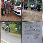 Potret di lapangan saat konflik lahan Km 14 Senggarang memanas. Sejumlah pria tampak berkumpul, sebagian membawa alat di sekitar lokasi, disertai bukti laporan resmi ke polisi atas dugaan perusakan pagar, (f/ist).