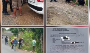 Potret di lapangan saat konflik lahan Km 14 Senggarang memanas. Sejumlah pria tampak berkumpul, sebagian membawa alat di sekitar lokasi, disertai bukti laporan resmi ke polisi atas dugaan perusakan pagar, (f/ist).