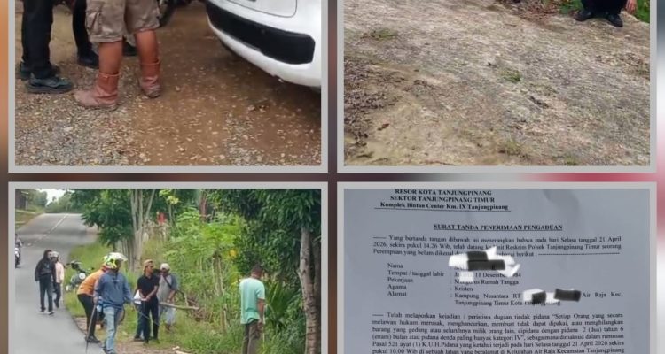 Potret di lapangan saat konflik lahan Km 14 Senggarang memanas. Sejumlah pria tampak berkumpul, sebagian membawa alat di sekitar lokasi, disertai bukti laporan resmi ke polisi atas dugaan perusakan pagar, (f/ist).