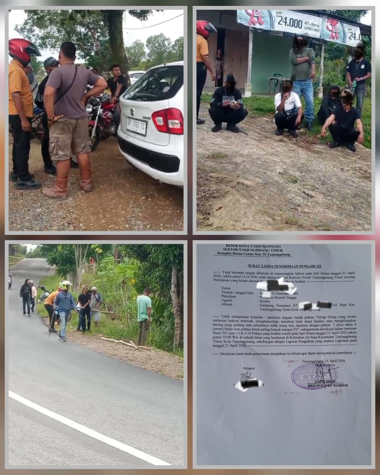 Potret di lapangan saat konflik lahan Km 14 Senggarang memanas. Sejumlah pria tampak berkumpul, sebagian membawa alat di sekitar lokasi, disertai bukti laporan resmi ke polisi atas dugaan perusakan pagar, (f/ist).