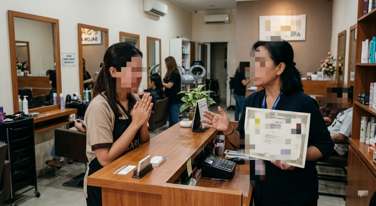 Foto ilustrasi menggambarkan seorang perempuan mantan pekerja salon di Tanjungpinang yang memohon pengembalian ijazah kepada oknum pemilik salon tempat ia pernah bekerja. Kasus dugaan penahanan ijazah tersebut kini menjadi sorotan dan dilaporkan kepada pihak kepolisian. (F/Potensi.News)